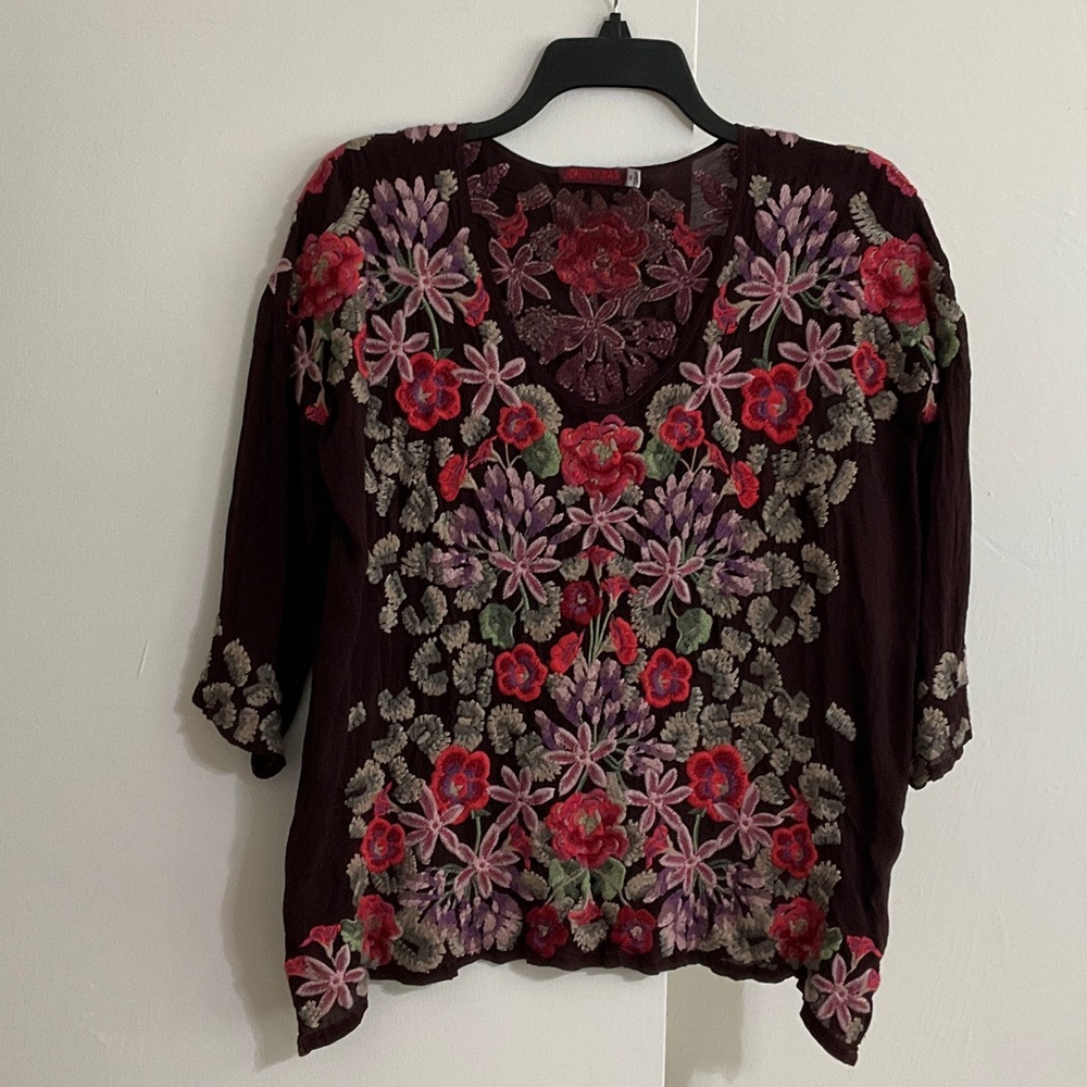 Johnny Was Burgundy Embroidered Floral V-Neck Top